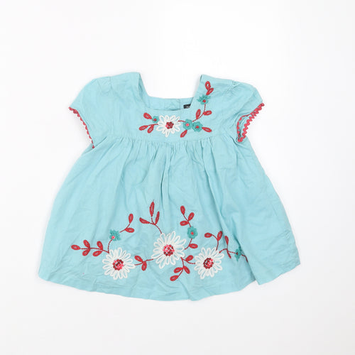 Marks and Spencer Girls Blue Floral  Basic Blouse Size 2-3 Years  - Floral embroidery