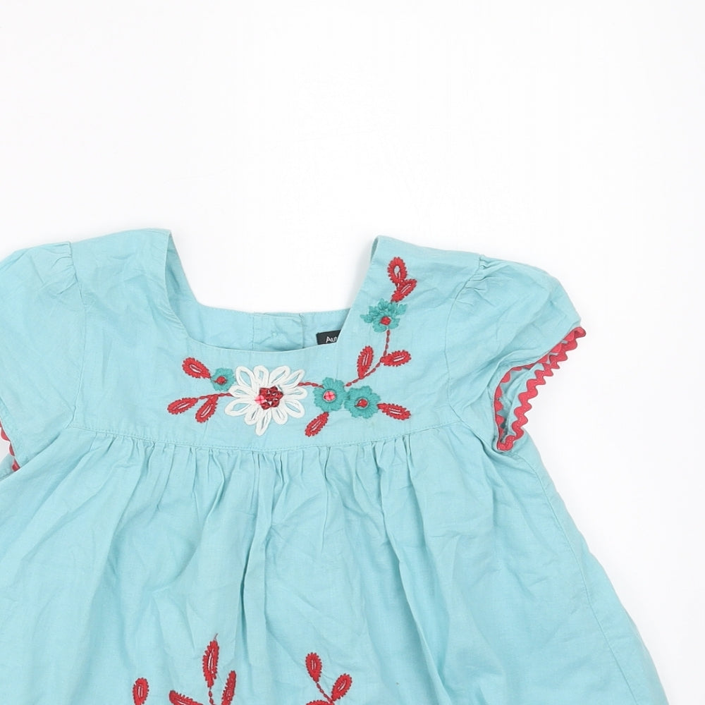 Marks and Spencer Girls Blue Floral  Basic Blouse Size 2-3 Years  - Floral embroidery