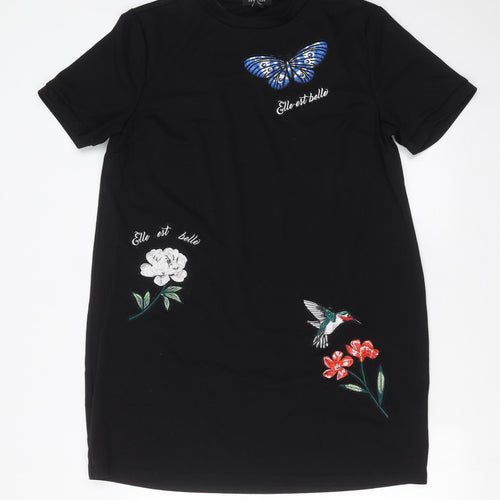 New Look Womens Black Floral  T-Shirt Dress  Size 16  - Embroidered detail
