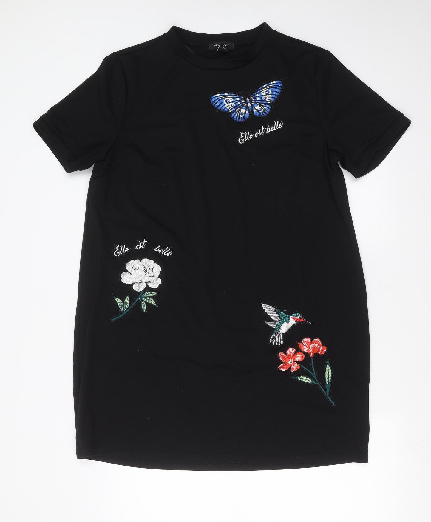 New Look Womens Black Floral  T-Shirt Dress  Size 16  - Embroidered detail