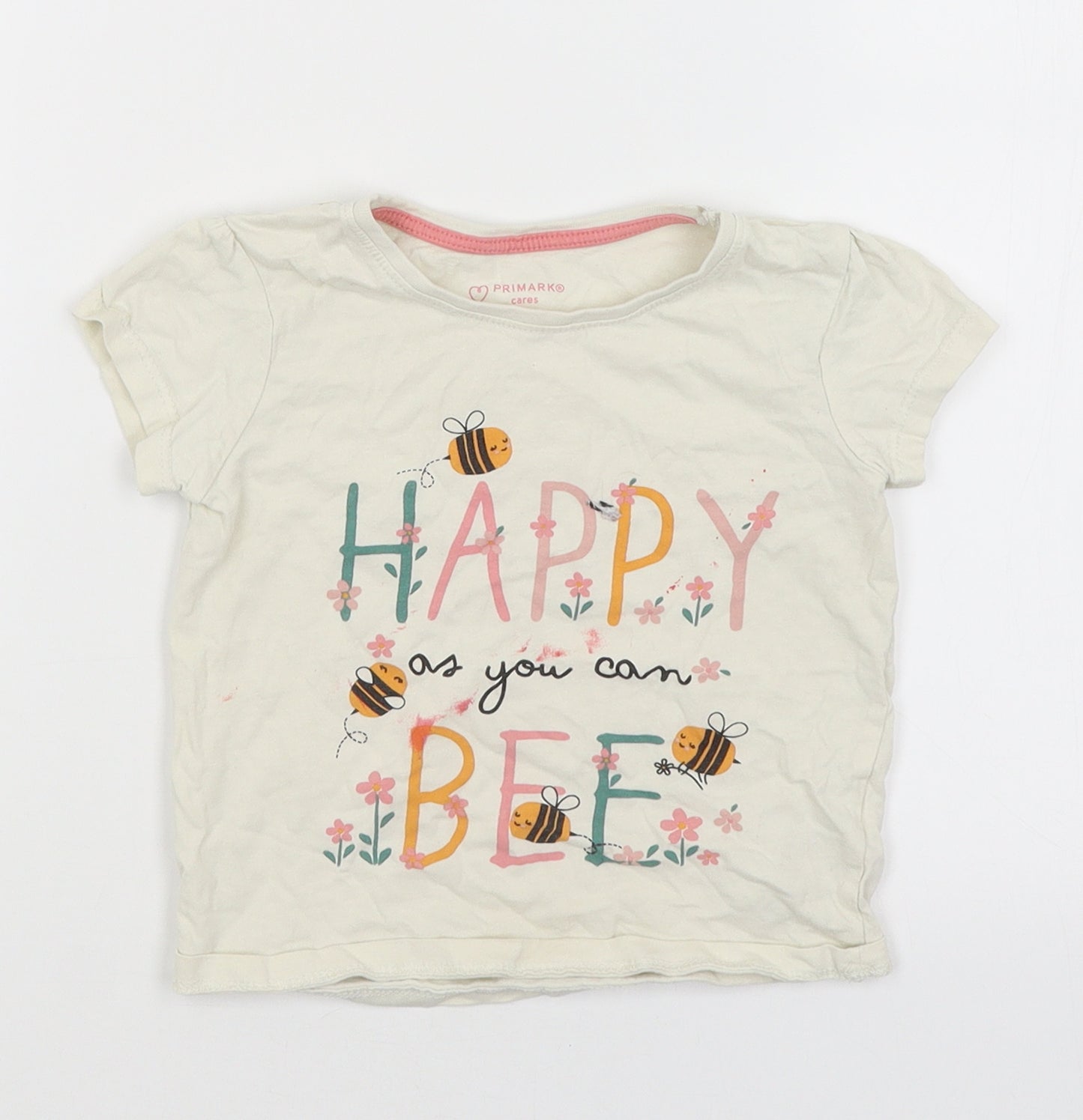 Primark Girls Ivory   Basic T-Shirt Size 2-3 Years  - Happy As Can Bee