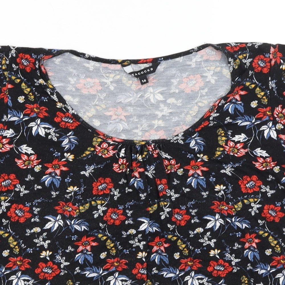 Peacocks Womens Black Floral  Basic T-Shirt Size 14
