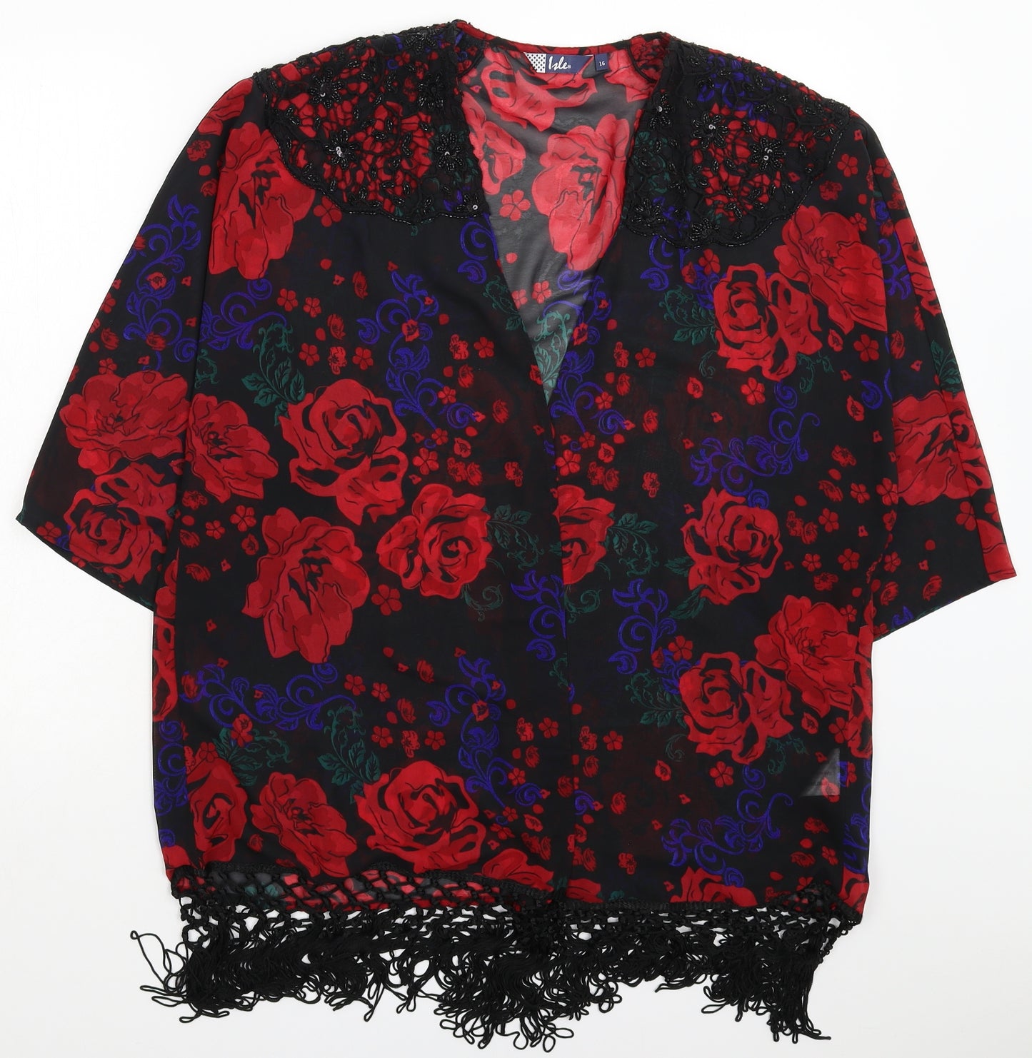 Isle Womens Black Floral Satin Basic Blouse Size 16