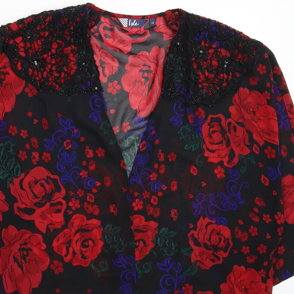 Isle Womens Black Floral Satin Basic Blouse Size 16