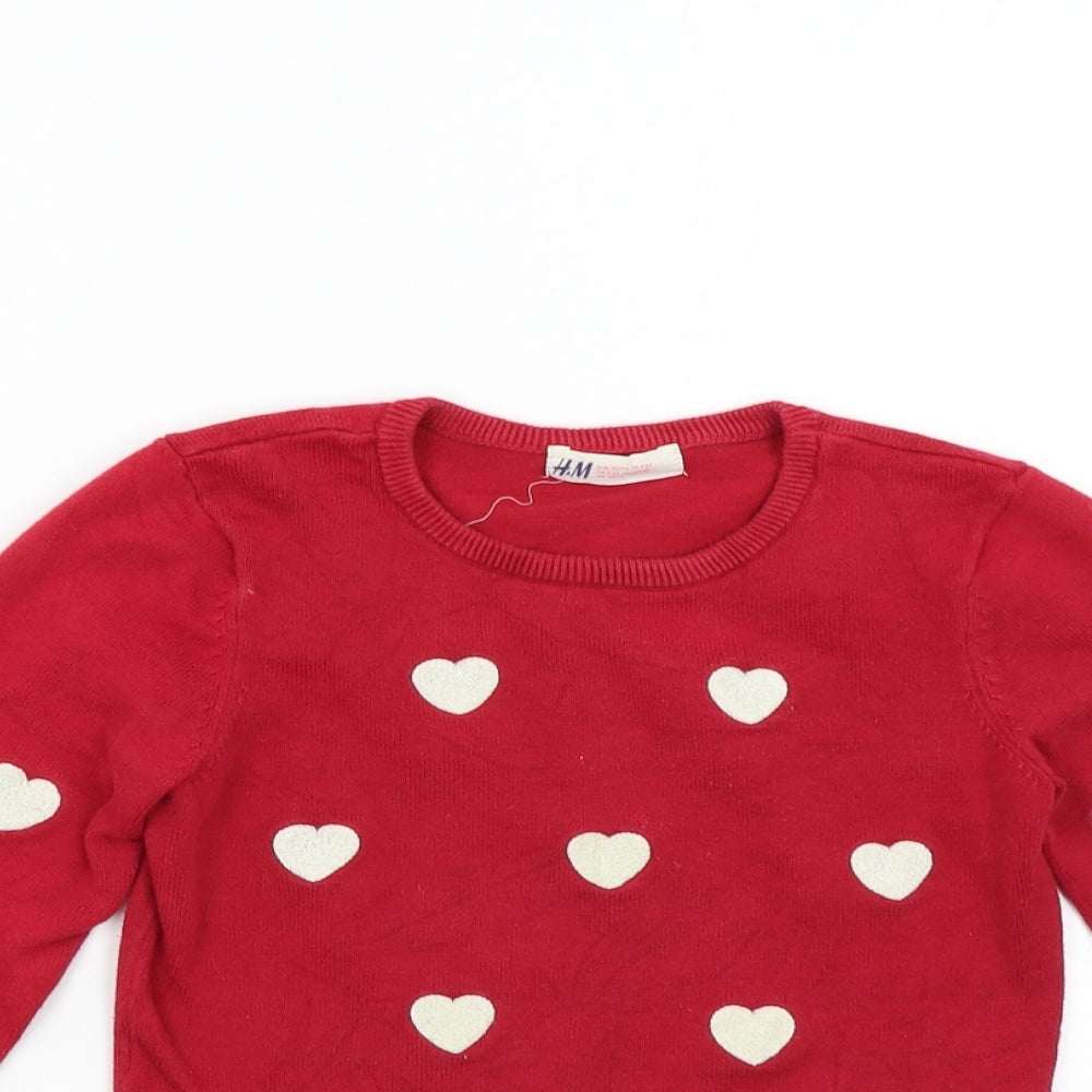 H&M Girls Red  Knit Pullover Jumper Size 4-5 Years  - Hearts