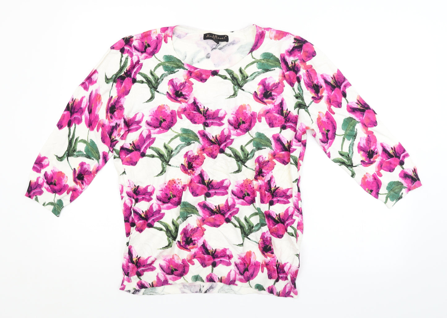 MUDFLOWER Womens White Floral  Pullover Jumper Size M