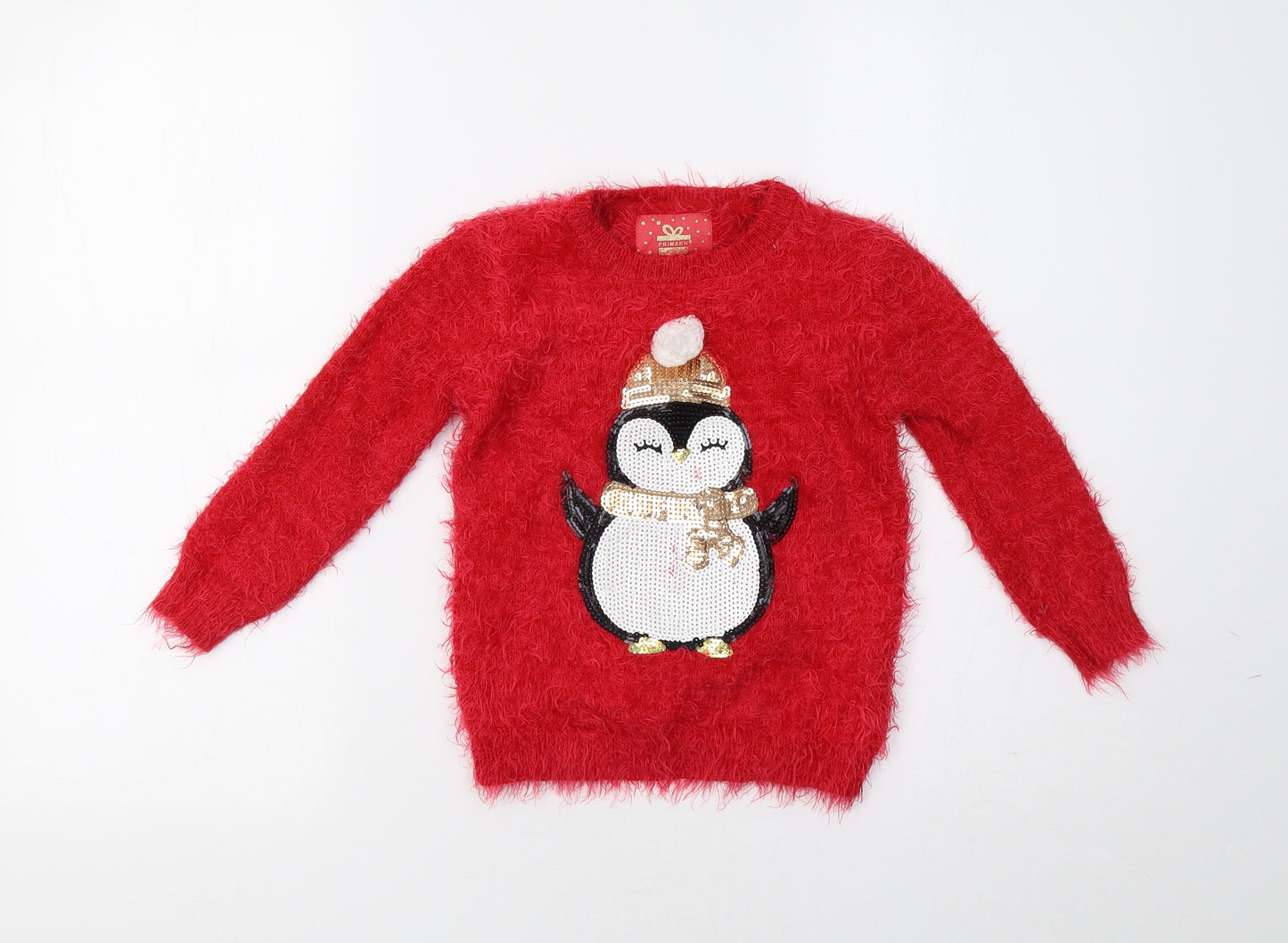 Primark Girls Red   Pullover Jumper Size 5-6 Years  - Penguin Christmas
