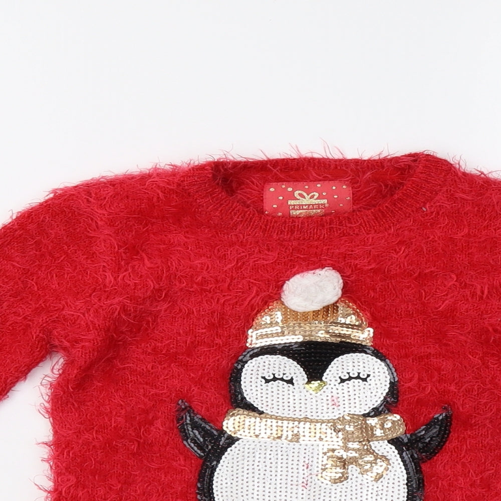 Primark Girls Red   Pullover Jumper Size 5-6 Years  - Penguin Christmas