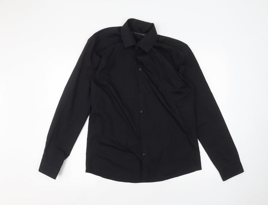 Front view of Primark men’s black dress shirt, size 15.5