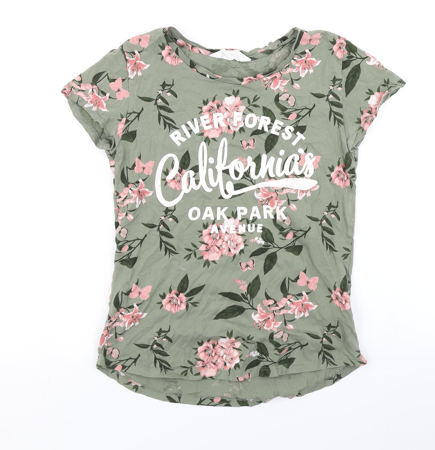 H&M Girls Green Floral  Basic T-Shirt Size 13-14 Years