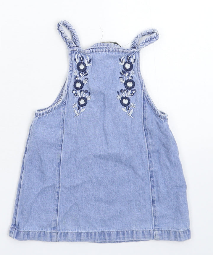 George Girls Blue Floral Denim Pinafore/Dungaree Dress Size 12 Months