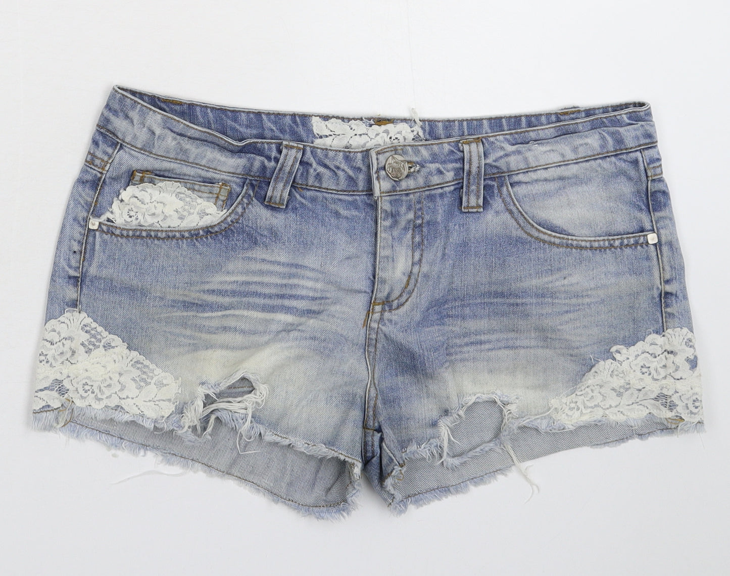 Denim & Co. Womens Blue  Denim Hot Pants Shorts Size 12 - Distressed