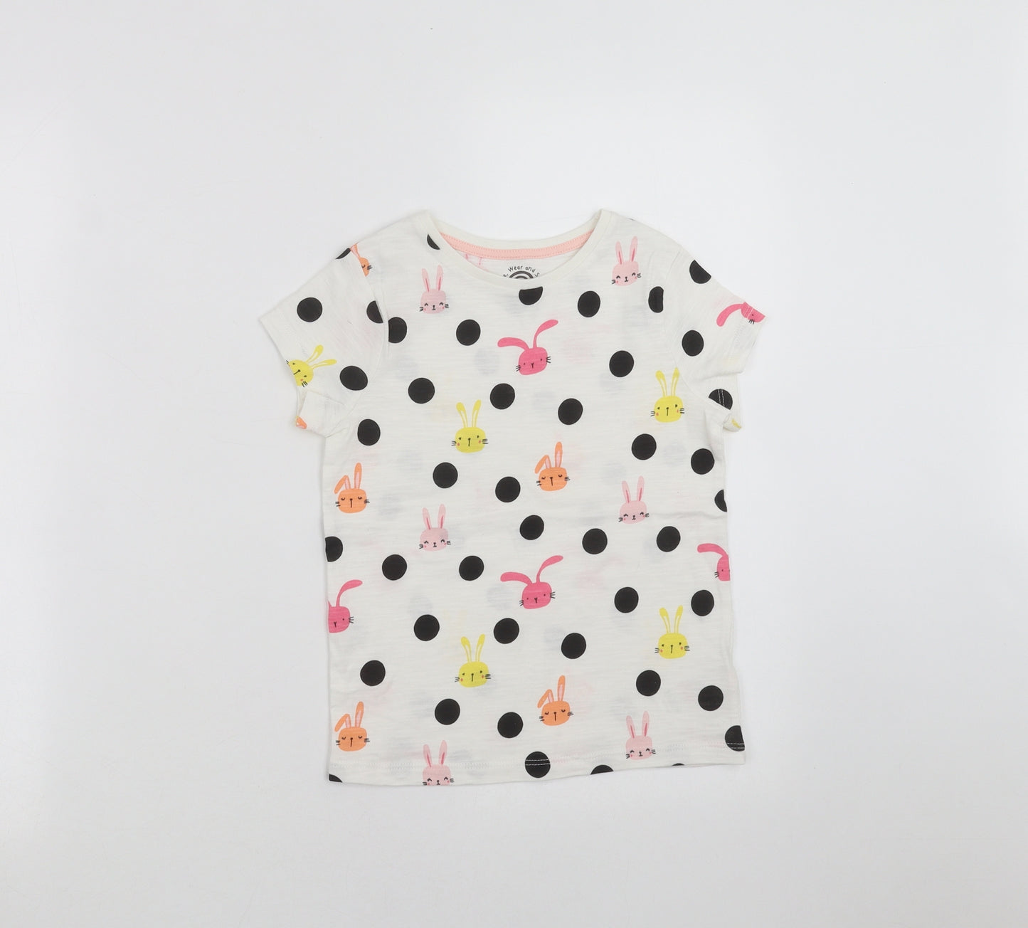 F&F Girls White Polka Dot  Basic T-Shirt Size 5-6 Years  - rabbits