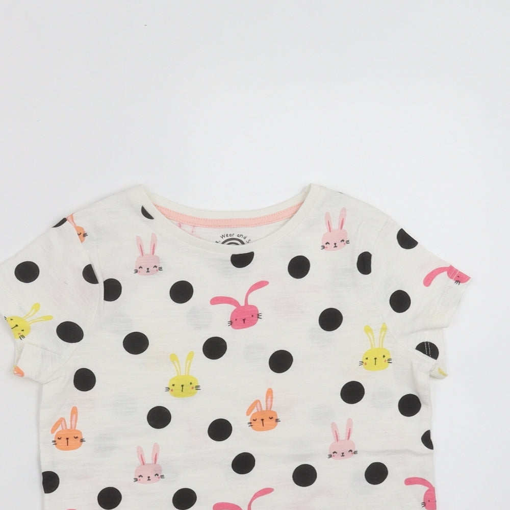 F&F Girls White Polka Dot  Basic T-Shirt Size 5-6 Years  - rabbits