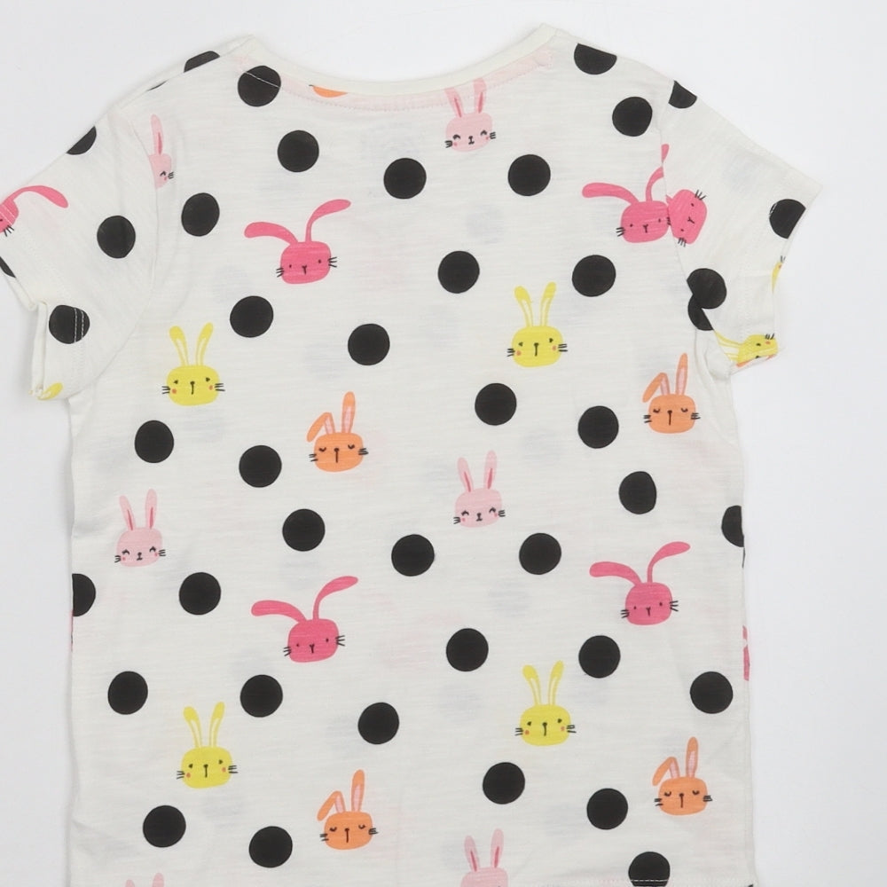 F&F Girls White Polka Dot  Basic T-Shirt Size 5-6 Years  - rabbits