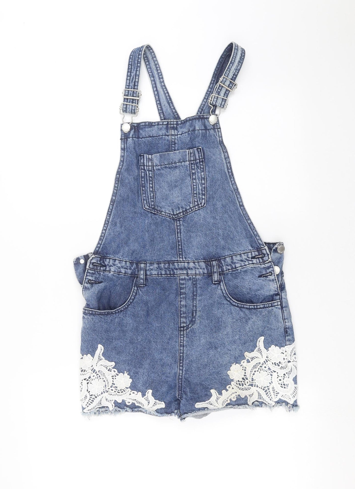 Primark Girls Blue  Denim Dungaree One-Piece Size 13-14 Years  - floral lace detail