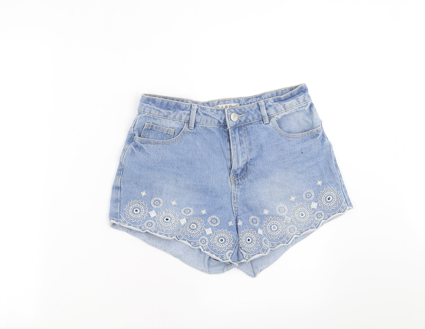 Primark Womens Blue  Denim Hot Pants Shorts Size 8 - Embroidered detail