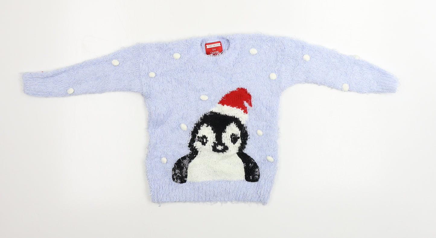 George  Girls Blue Houndstooth  Pullover Jumper Size 5-6 Years  - Christmas Jumper