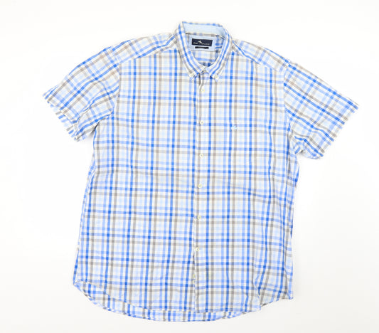 Front view of dos galgos men’s blue check dress shirt