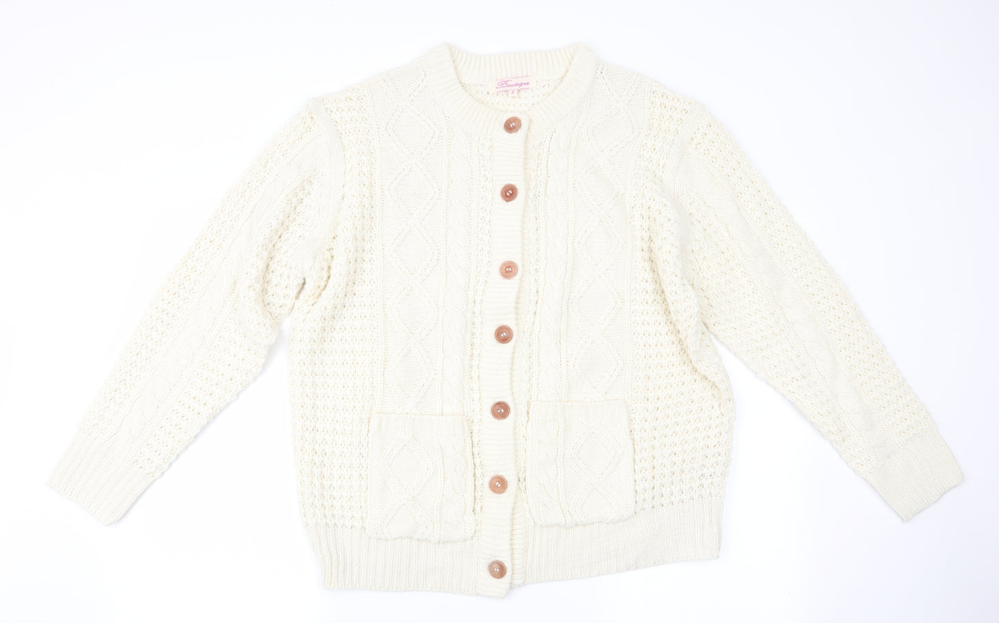 Boutique Womens Ivory Geometric  Cardigan Jumper Size L  - Chunky knit
