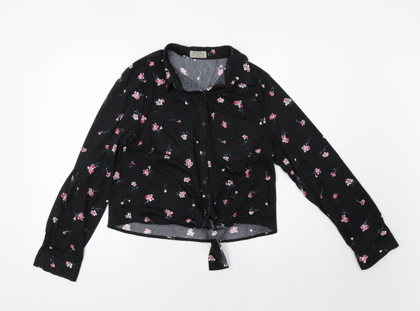 Passport Womens Black Floral  Basic Button-Up Size L
