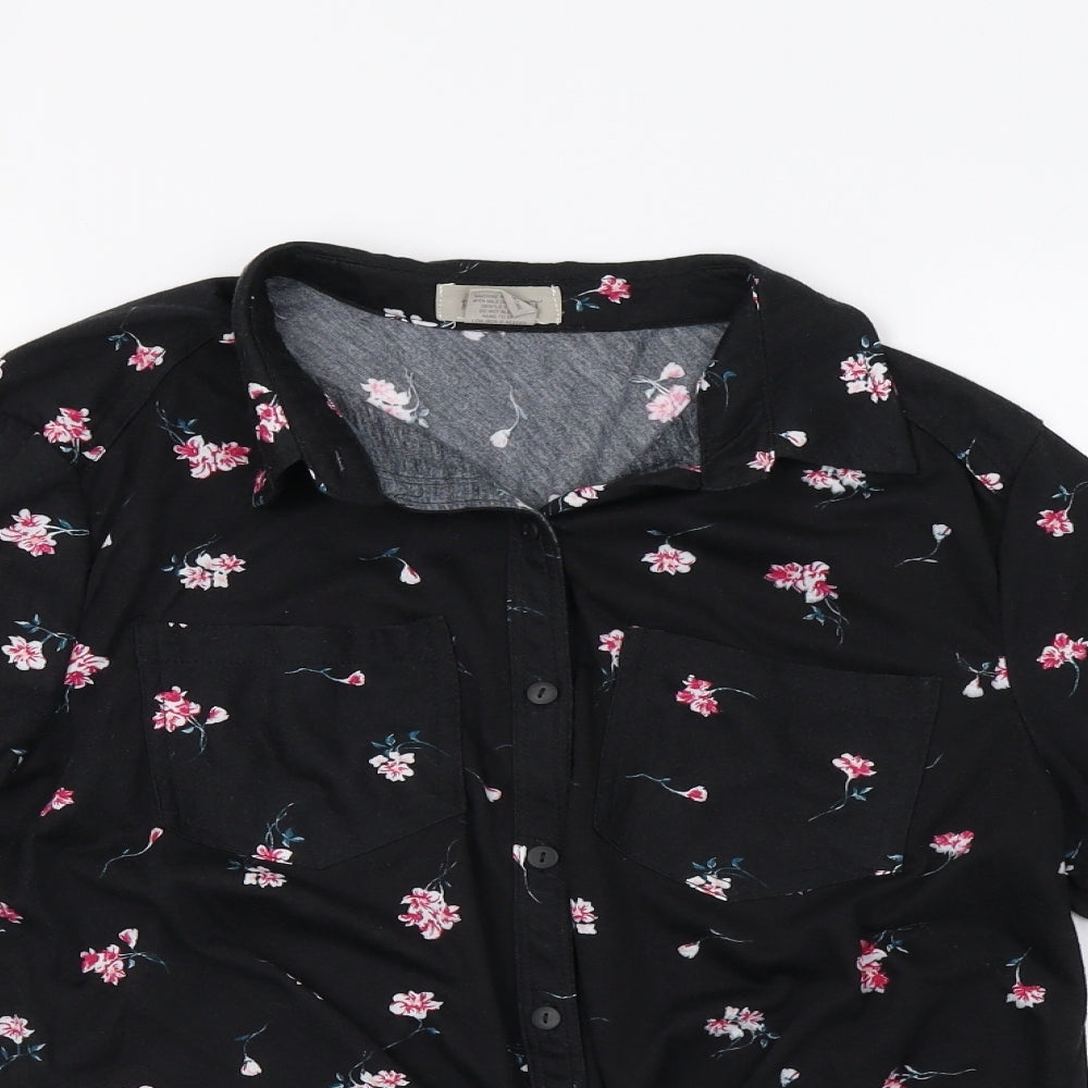 Passport Womens Black Floral  Basic Button-Up Size L