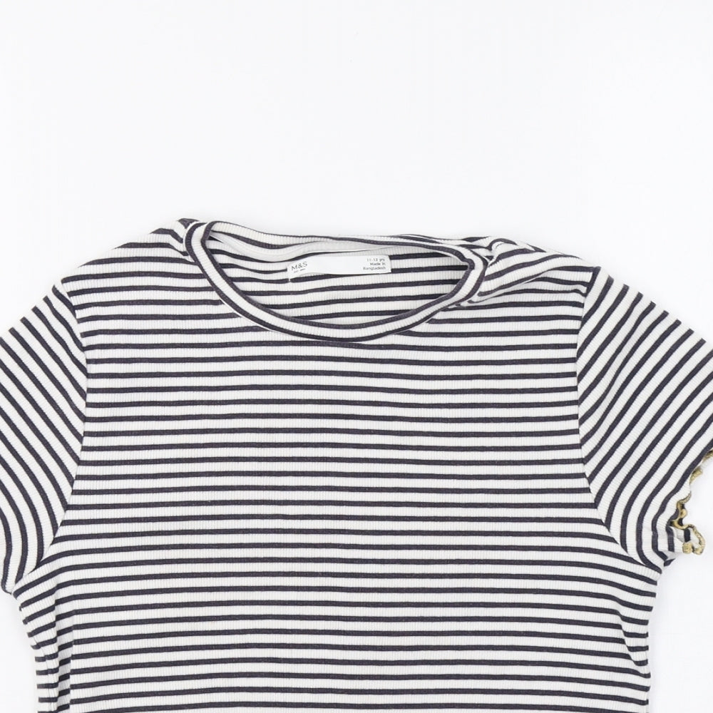 M&S Girls White Striped  Basic T-Shirt Size 11-12 Years