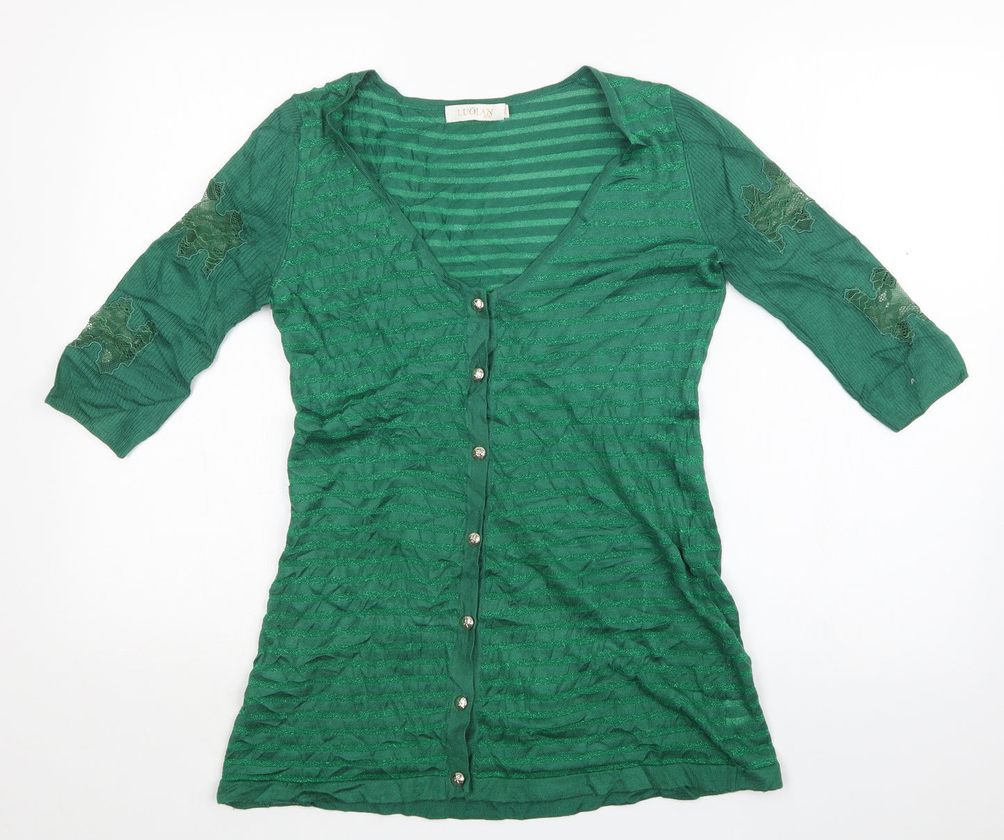 LUOLAN Womens Green Striped  Cardigan Jumper Size 18
