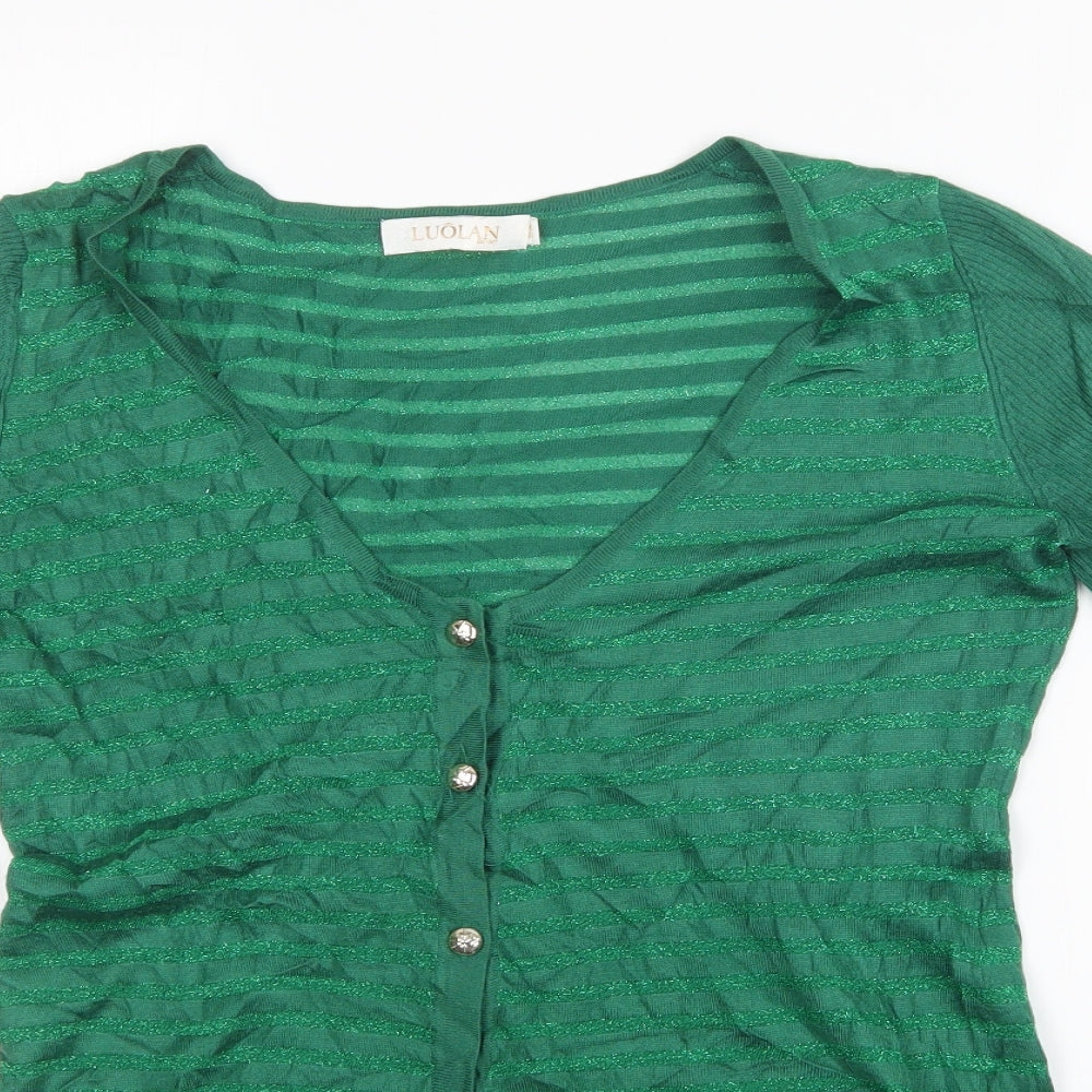 LUOLAN Womens Green Striped  Cardigan Jumper Size 18