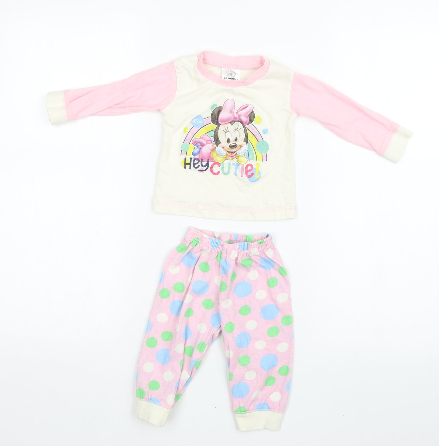 Disney Baby Girls Pink Polka Dot   Pyjama Set Size 6-9 Months