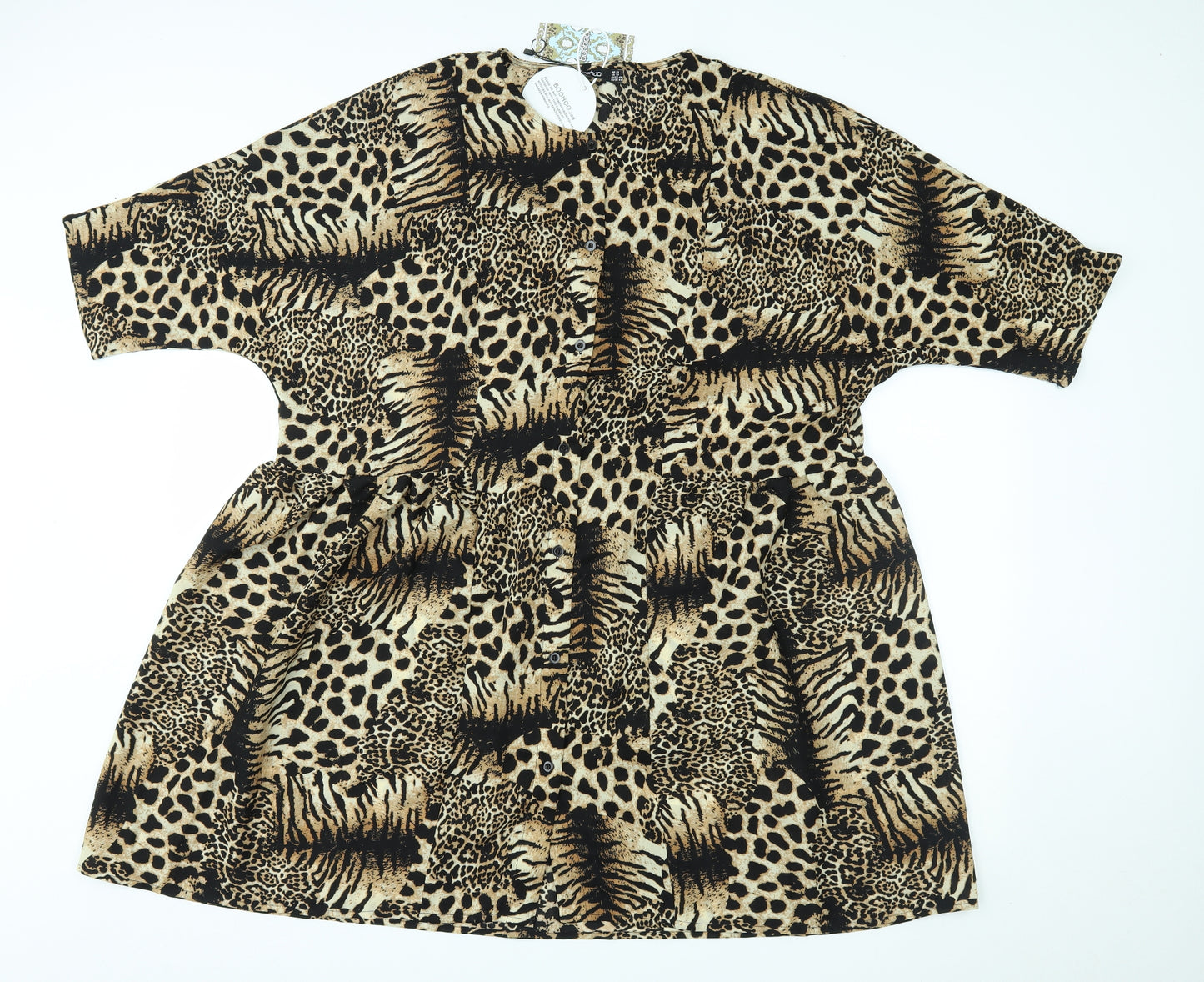 Boohoo Womens Brown Animal Print  Basic Button-Up Size 18