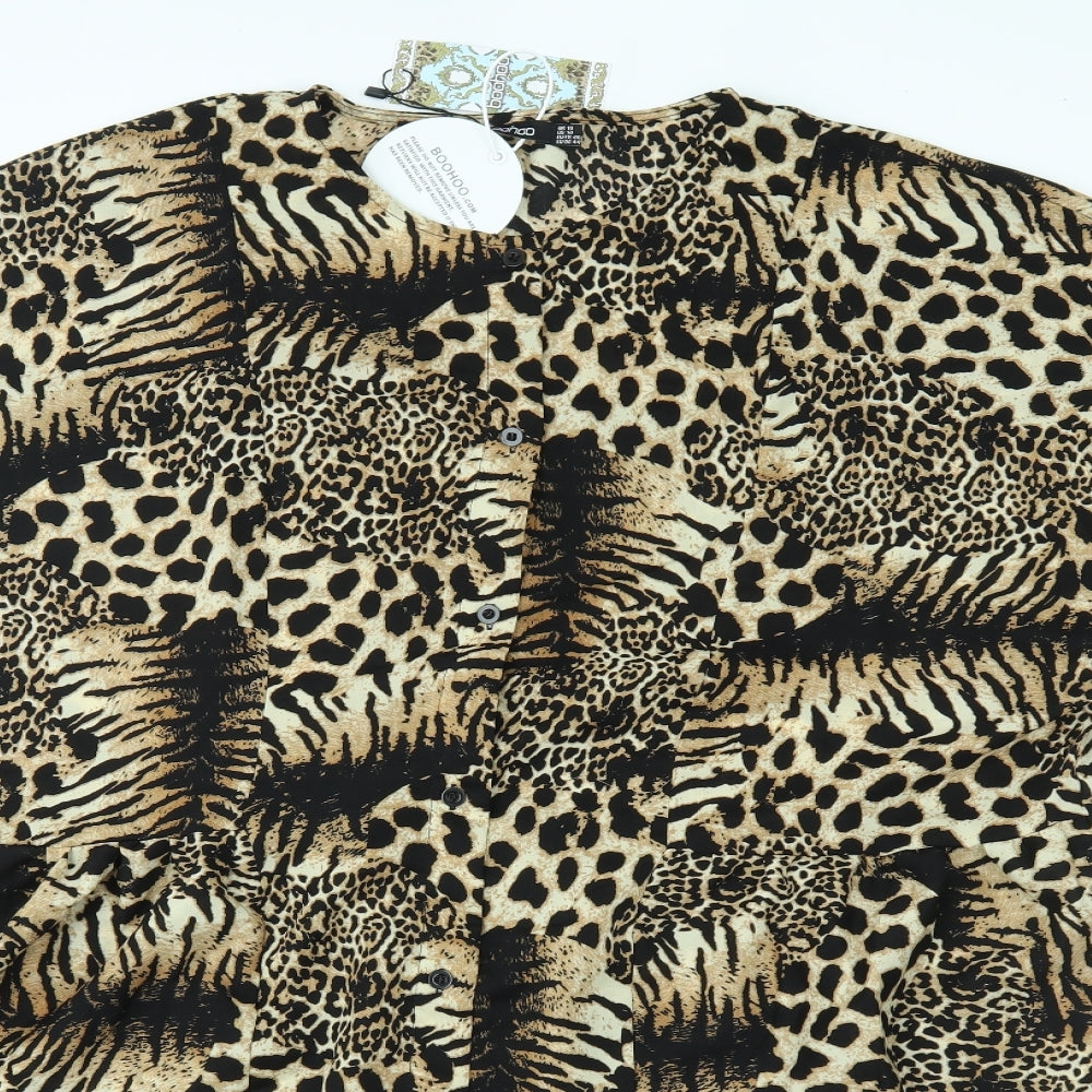 Boohoo Womens Brown Animal Print  Basic Button-Up Size 18