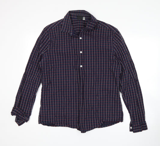 Front view of ASOS men’s blue check button-up, size L