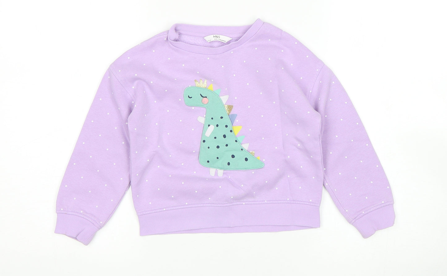 M&S Girls Purple Polka Dot  Pullover Sweatshirt Size 3-4 Years  - Dinosaur