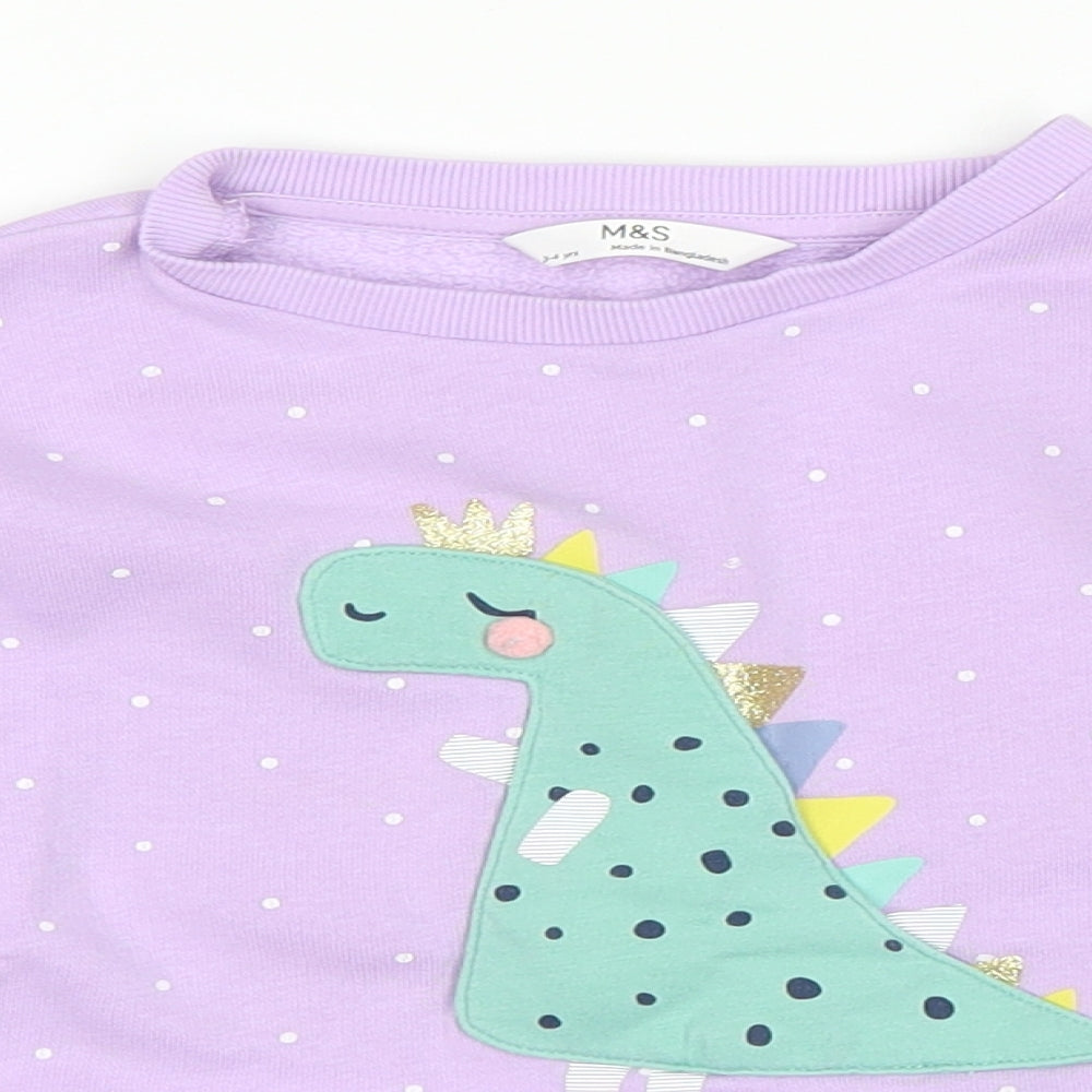 M&S Girls Purple Polka Dot  Pullover Sweatshirt Size 3-4 Years  - Dinosaur