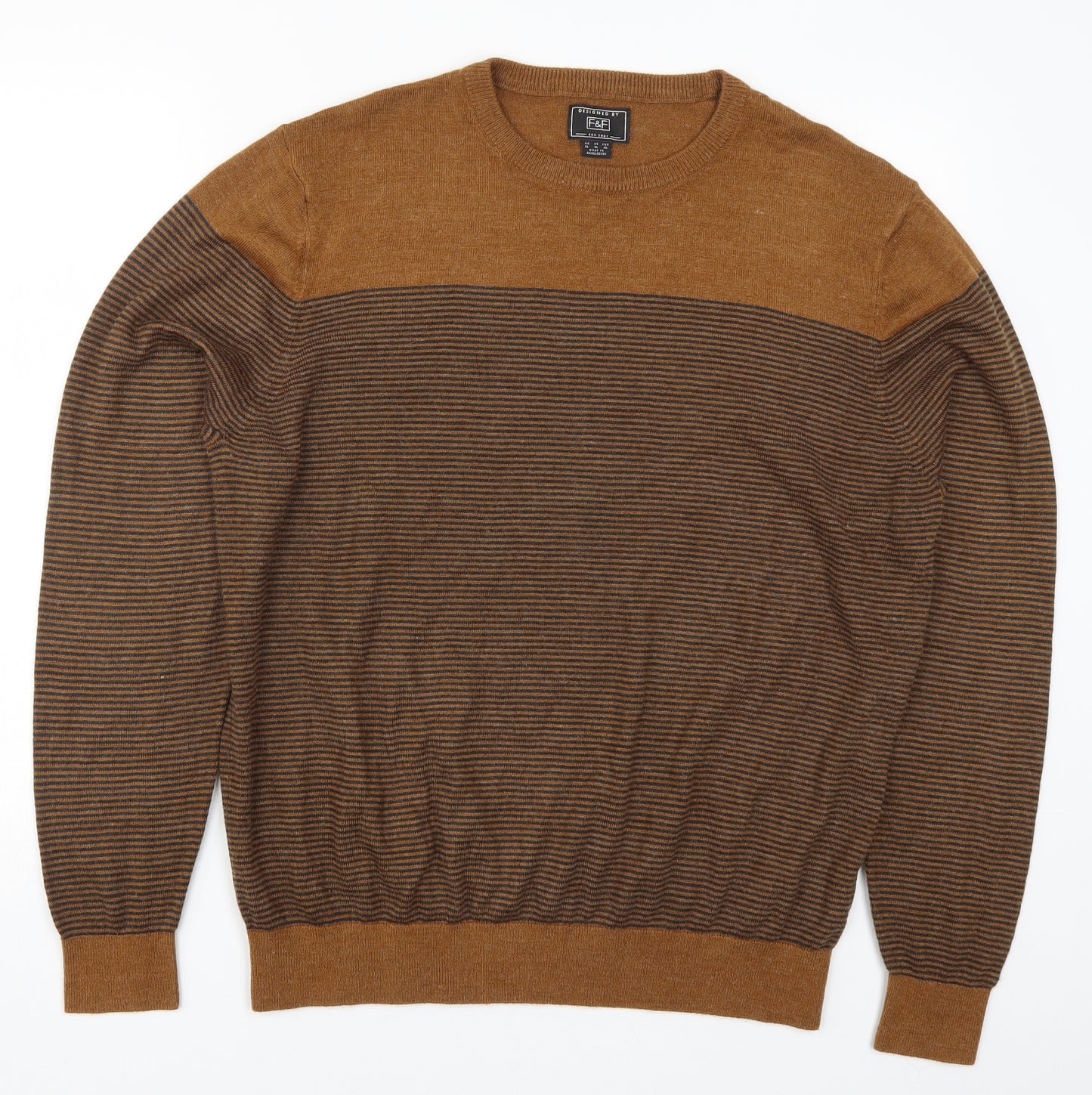 F&F Mens Brown Striped Knit Pullover Jumper Size XL