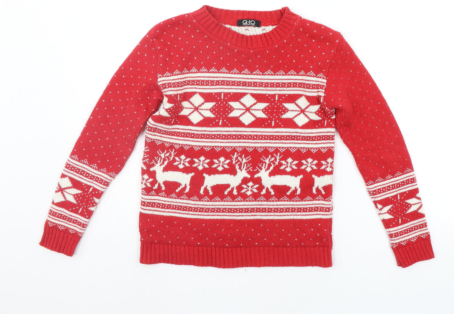 q-io Girls Red Geometric  Pullover Jumper Size 7-8 Years  - christams