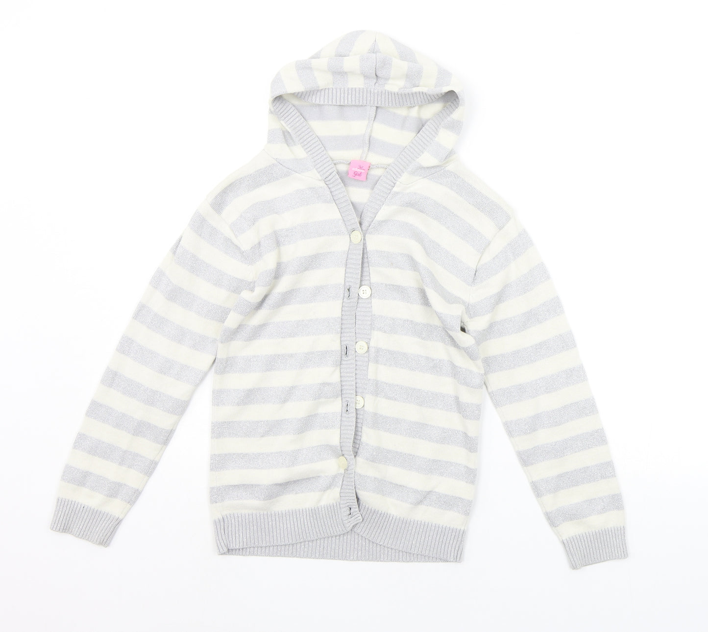 Adams Girls Grey Striped  Cardigan Jumper Size 8 Years