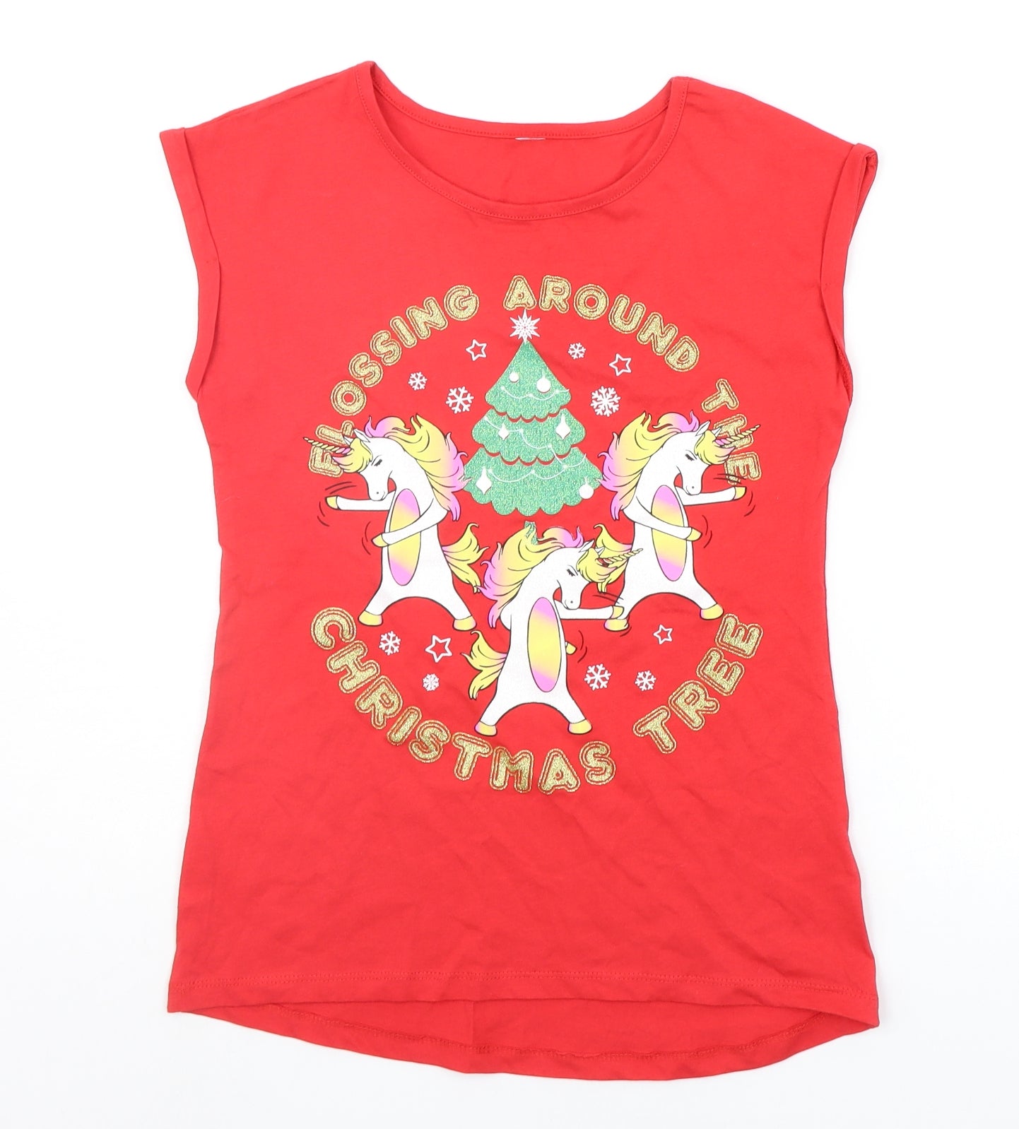 TU Girls Red   Basic T-Shirt Size 11 Years  - unicorn christmas