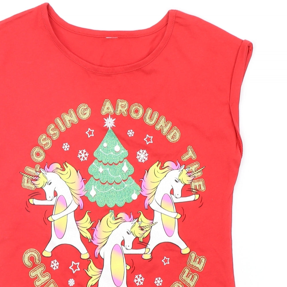 TU Girls Red   Basic T-Shirt Size 11 Years  - unicorn christmas