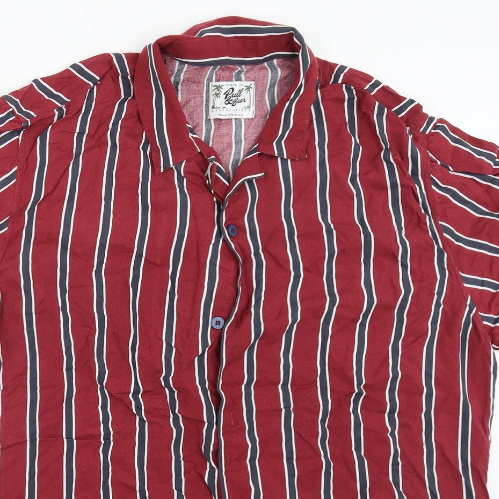 Pull&Bear Mens Red Striped   Button-Up Size L
