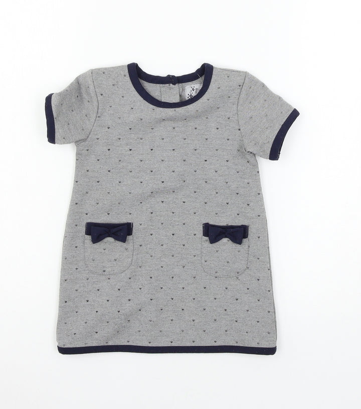 Young Dimension Girls Grey Polka Dot Jersey T-Shirt Dress  Size 12-18 Months