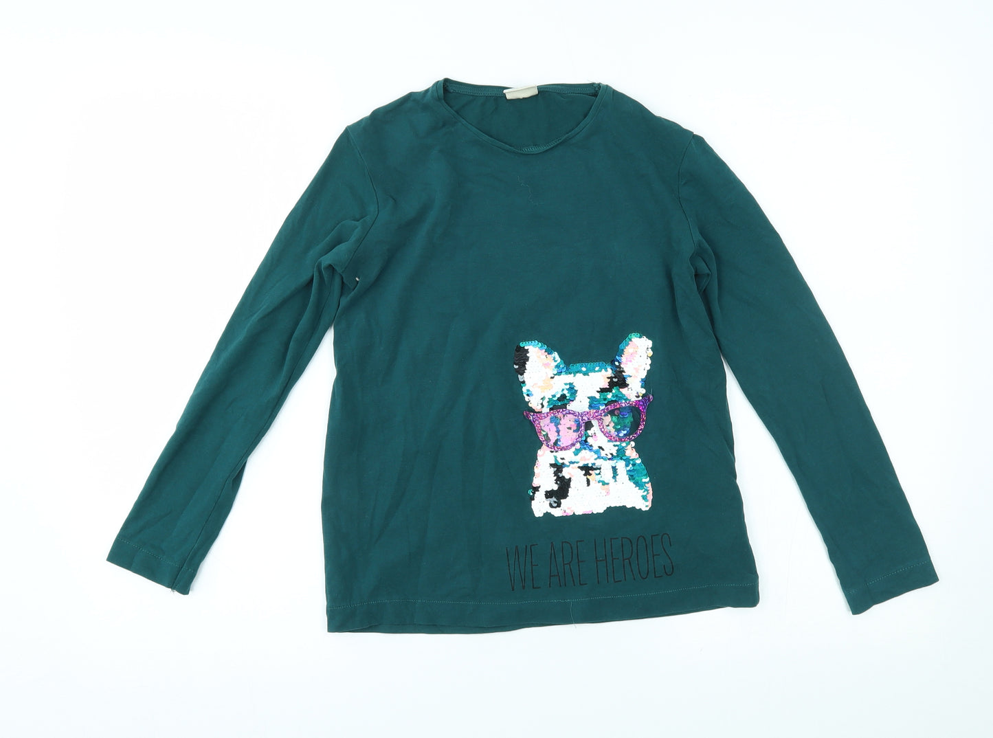 Zara Girls Green   Basic T-Shirt Size 11-12 Years  - reversible sequins - Dog