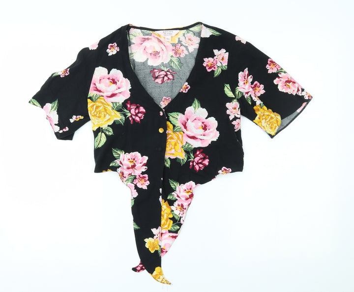 Miss Selfridge Womens Black Floral Basic Button-Up Size 8