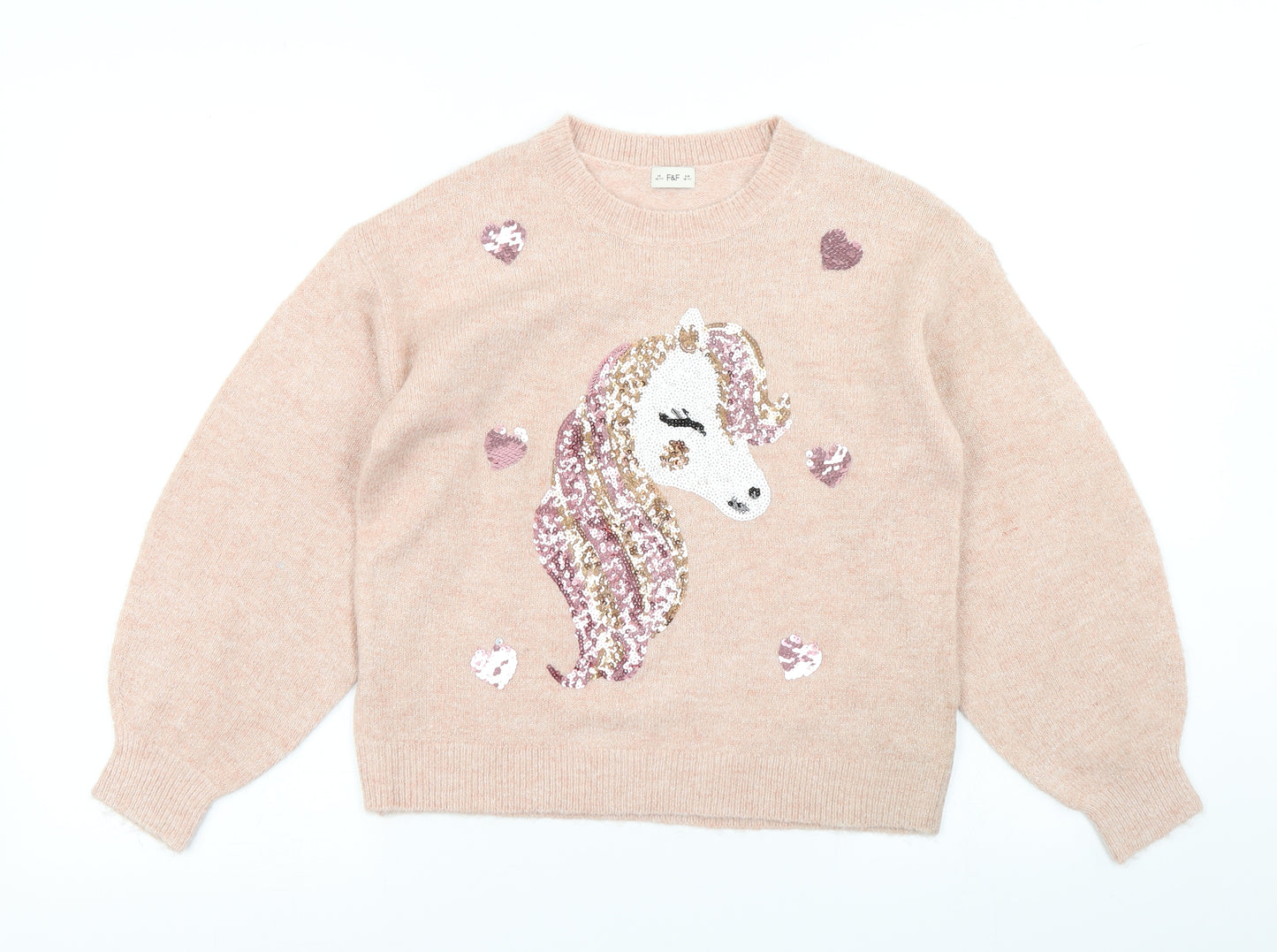 F&F Girls Pink  Knit Pullover Jumper Size 10-11 Years  - unicorn