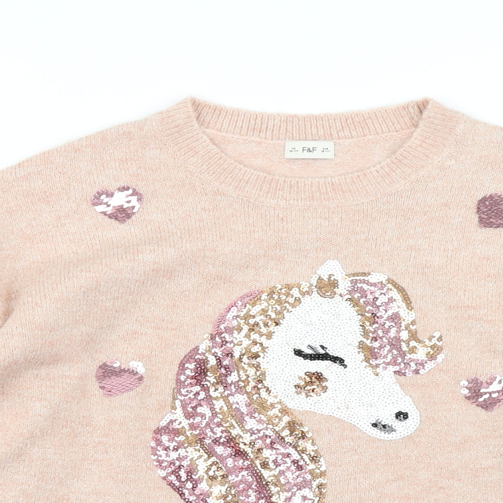 F&F Girls Pink  Knit Pullover Jumper Size 10-11 Years  - unicorn