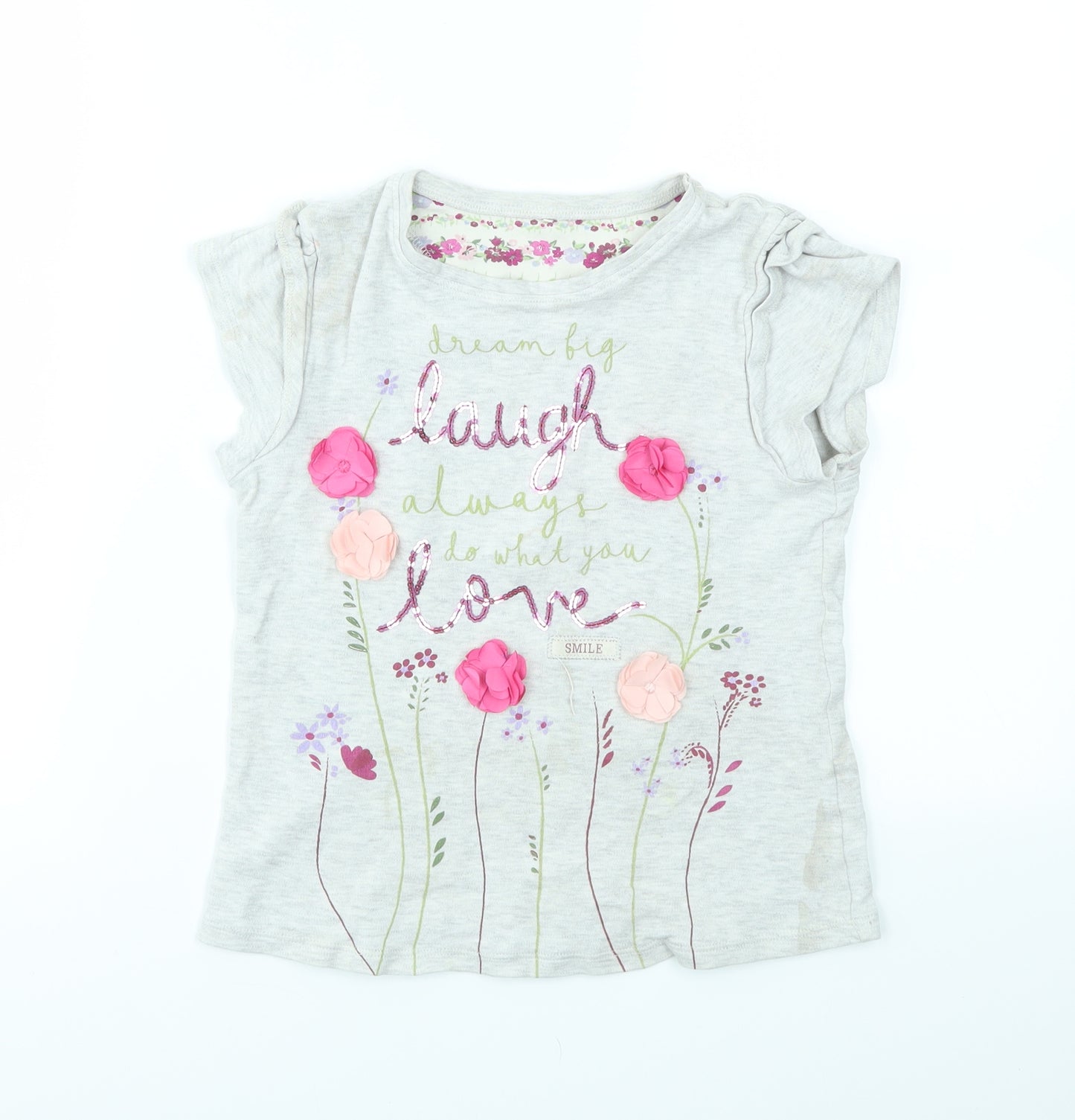George Girls Grey Floral  Basic T-Shirt Size 8-9 Years