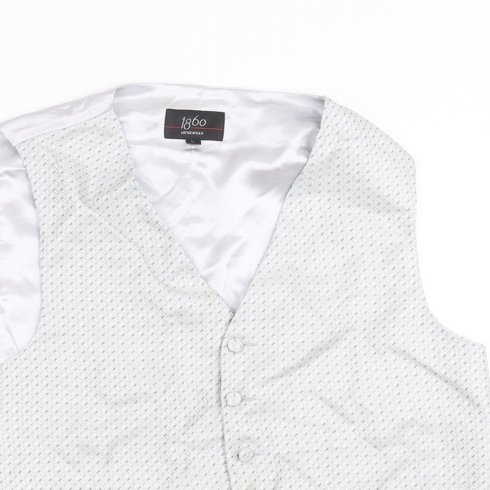 1860 Menswear Mens Silver Geometric  Jacket Suit Waistcoat Size L