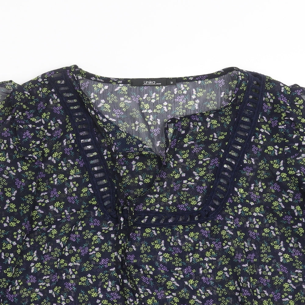 Unika Womens Blue Floral  Basic Blouse Size M