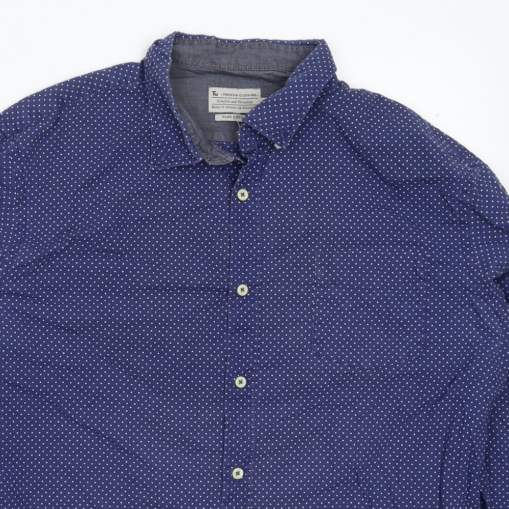 TU Mens Blue Polka Dot   Button-Up Size XL